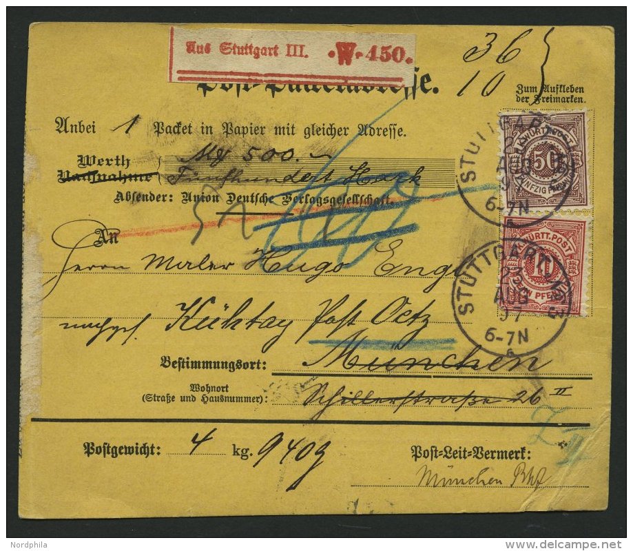 W&Uuml;RTTEMBERG 46,59 BRIEF, 1897, 50 Pf. Dunkelbraunrot Und 10 Pf. Rot Auf Wert-Paketkarte Aus STUTTGART Nr. 9, Kleine - Other & Unclassified