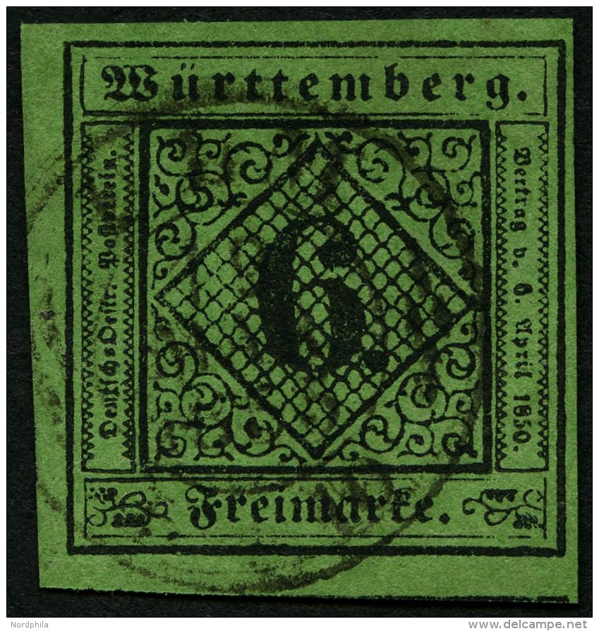 W&Uuml;RTTEMBERG 3y O, 1851, 6 Kr. Gelblichgr&uuml;nes Seidenpapier, Pracht, Gepr. Heinrich, Mi. 110.- - Other & Unclassified