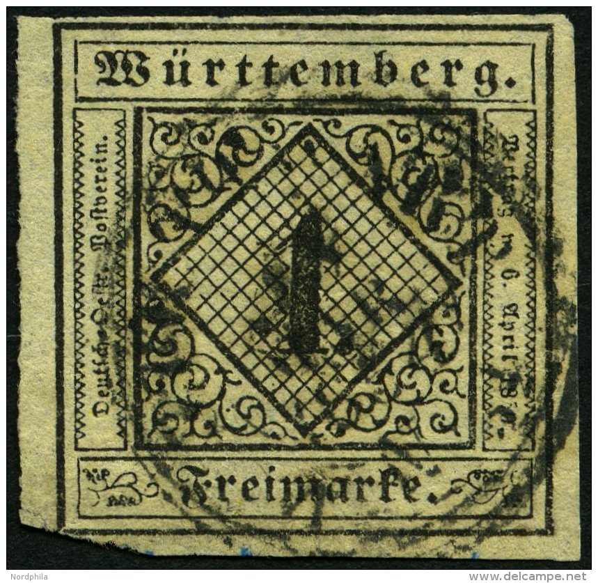 W&Uuml;RTTEMBERG 1yb O, 1851, 1 Kr. Schwarz Auf Mittelgraugelbem Seidenpapier, Untere Linke Ecke Leicht Knapp Sonst Prac - Other & Unclassified