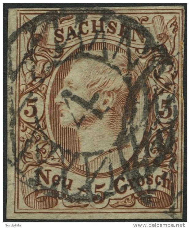 SACHSEN 12e O, 1857, 5 Ngr. Rostbraun, Nummernstempel 4, Rechts Minimal Ber&uuml;hrt Sonst Pracht, Gepr. Rismondo, Mi. 2 - Saxony