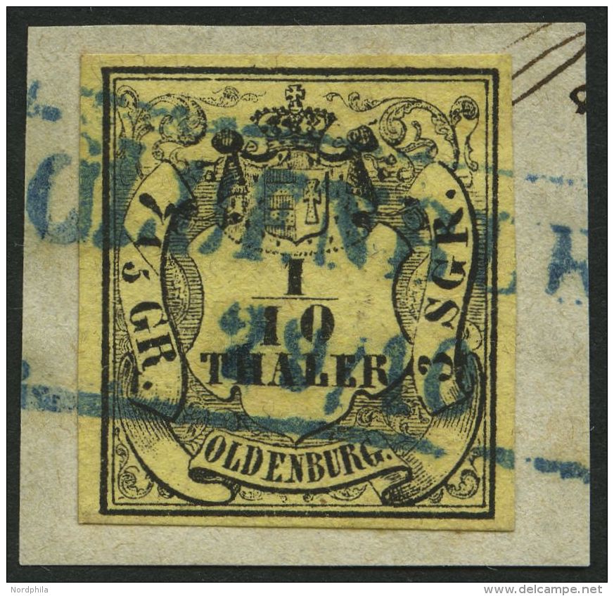 OLDENBURG 4a BrfStk, 1852, 1/10 Th. Schwarz Auf Hellgelb, Blauer R2 OLDENBURG, Prachtbriefst&uuml;ck, Mi. 120.- - Oldenburg