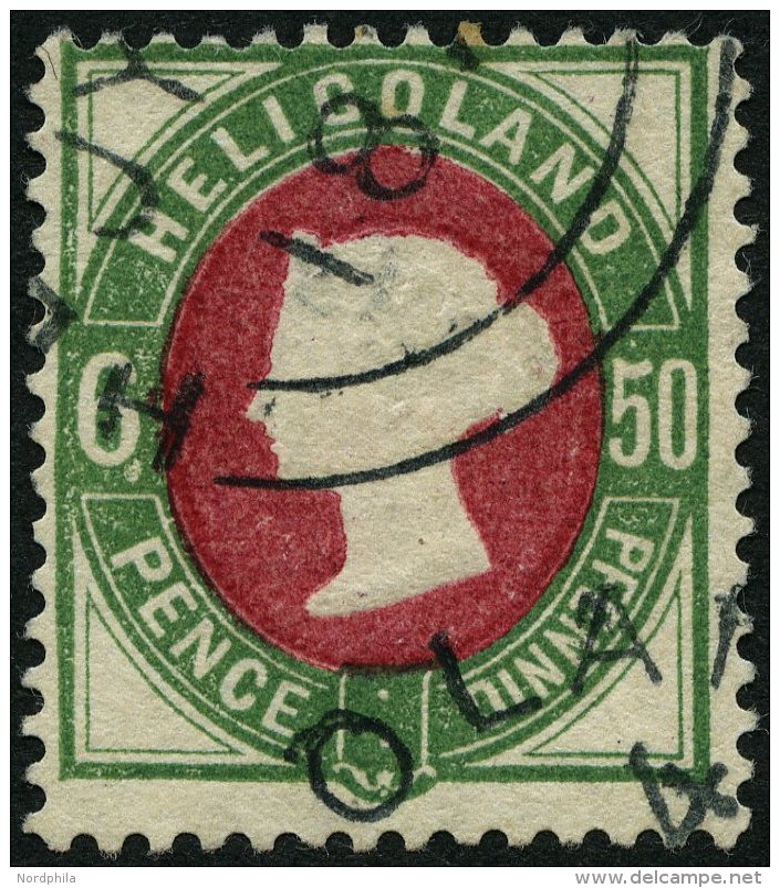 HELGOLAND 16aI O, 1875, 50 Pf. Gr&uuml;n/dunkellilakarmin Mit Plattenfehler Wei&szlig;er Punkt An Wertziffer 6, Rundstem - Heligoland