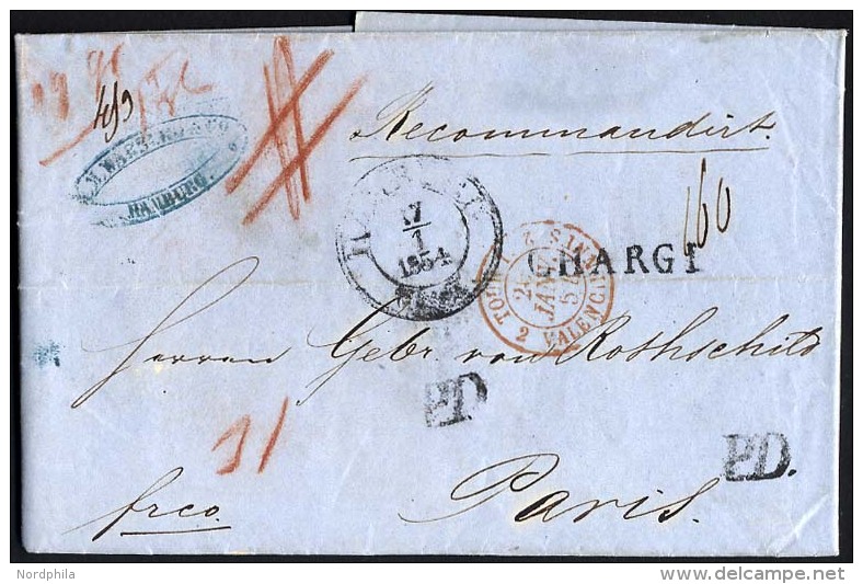 HAMBURG - GRENZ&Uuml;BERGANGSSTEMPEL 1854, CHARG&Eacute;, Schwarzer L1 Und 2x P.D. Auf Recommandirt-Brief Von Hamburg Th - Prephilately