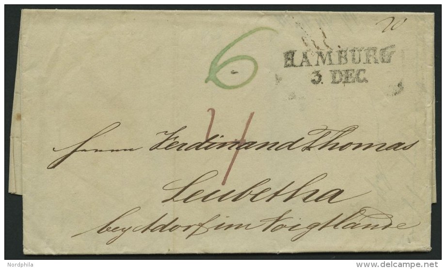 HAMBURG-VORPHILA 1836, HAMBURG, L2 Auf Brief Nach Leubetha Bey Adorf Im Voigtland Mit Rotem Und Gr&uuml;nem Tax-Vermerk, - Prephilately
