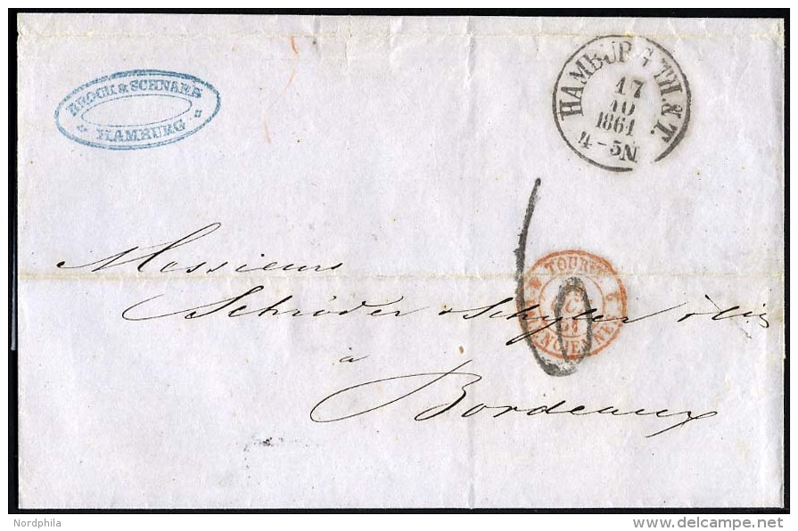 HAMBURG - THURN UND TAXISCHES O.P.A. 1864, HAMBURG Th.&amp; T., K3 Und Taxstempel 6 Auf Briefh&uuml;lle Nach Bordeaux, P - Prephilately