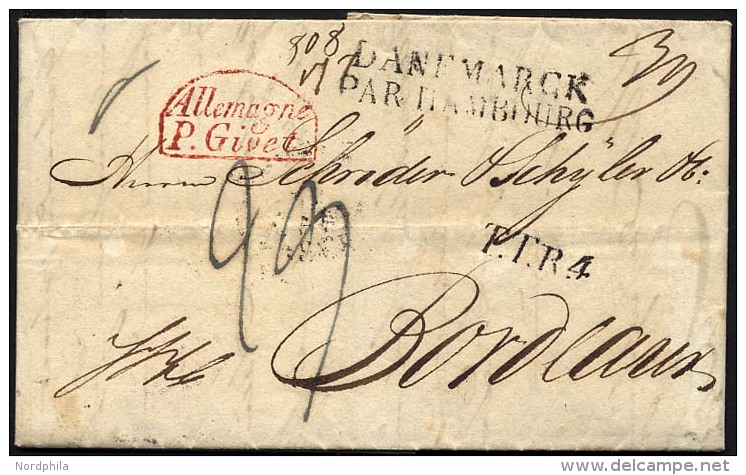 HAMBURG VORPHILA 1831, DANEMARCK PAR HAMBOURG, L2 Auf Brief Von Copenhagen Nach Bordeaux, L1 T.T.R.4 Und Roter Segmentst - Prephilately