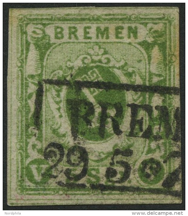 BREMEN 4b O, 1861, 5 Sgr. Moosgr&uuml;n, Etwas Fleckig Sonst Pracht, Signiert, Mi. 380.- - Bremen