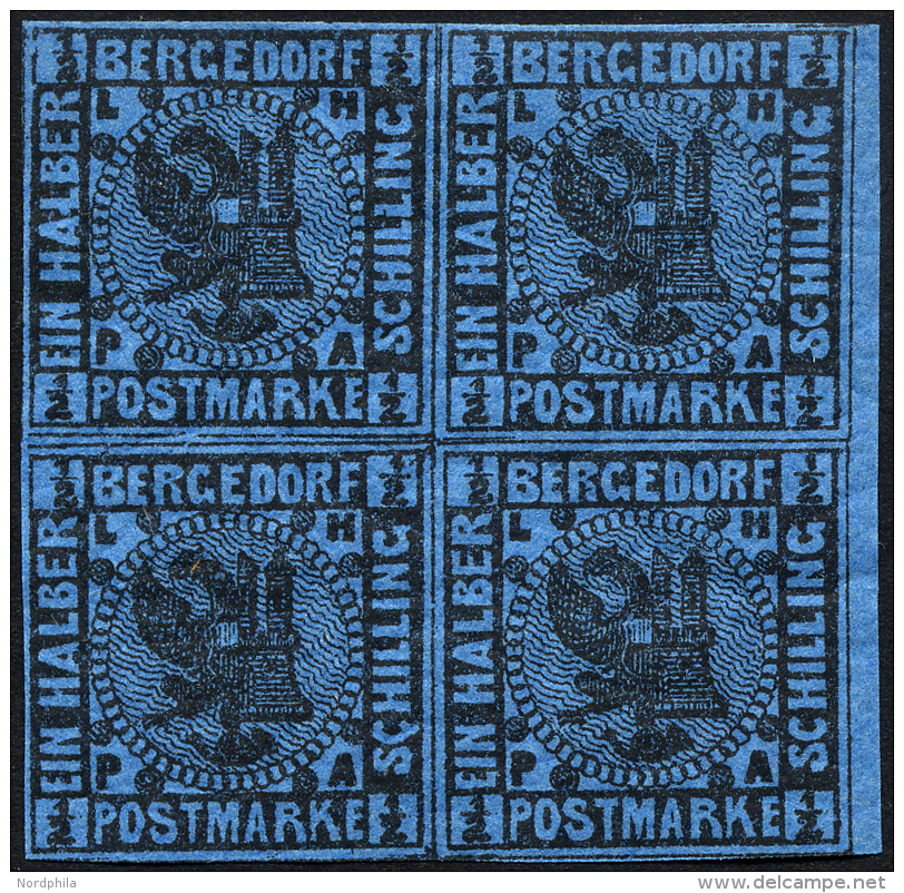 BERGEDORF 1b VB **, *, 1867, 1/2 S. Schwarz Auf Blau Im Viererblock Vom Rechten Rand, Allseits Breitrandig, Die Beiden U - Bergedorf