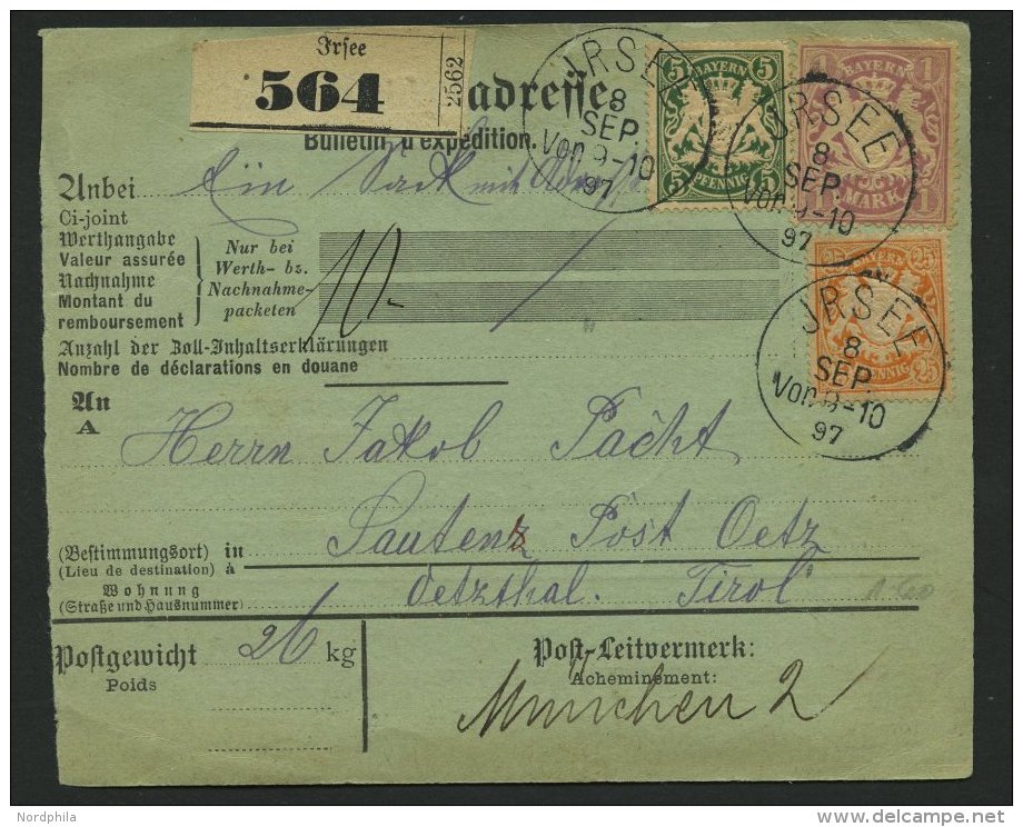 BAYERN 53,61/2 BRIEF, 1897, 1 M., 5 Und 25 Pf. Auf Paketkarte Von JRSEE Nach Tirol, Kleine M&auml;ngel, Feinst - Sonstige & Ohne Zuordnung