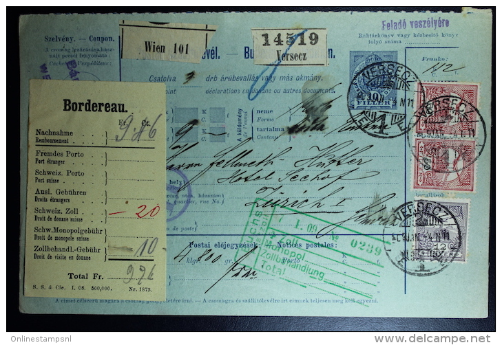 UNGARN HUNGARY Pakket Label Versecz  Wien Zürich Mixed Stamps 1914 - Briefe U. Dokumente