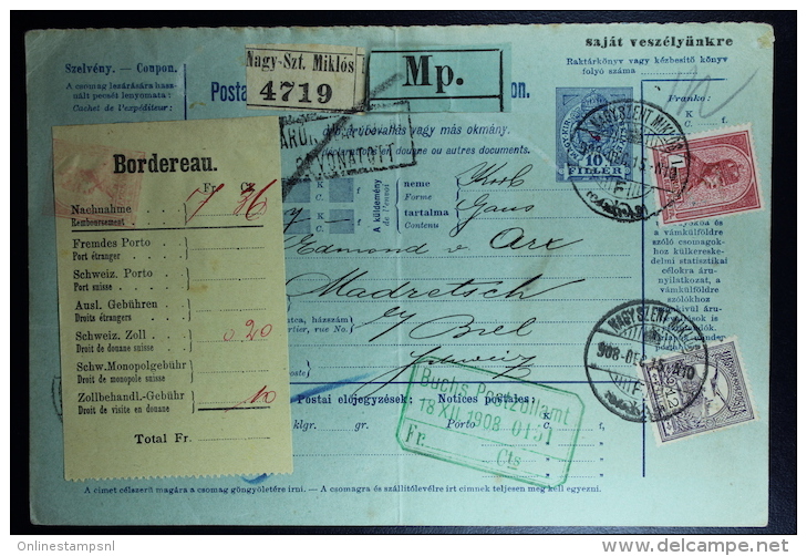UNGARN HUNGARY Pakket Label Nagy-Szt Miklós Basel Mixed Stamps 1908 - Briefe U. Dokumente