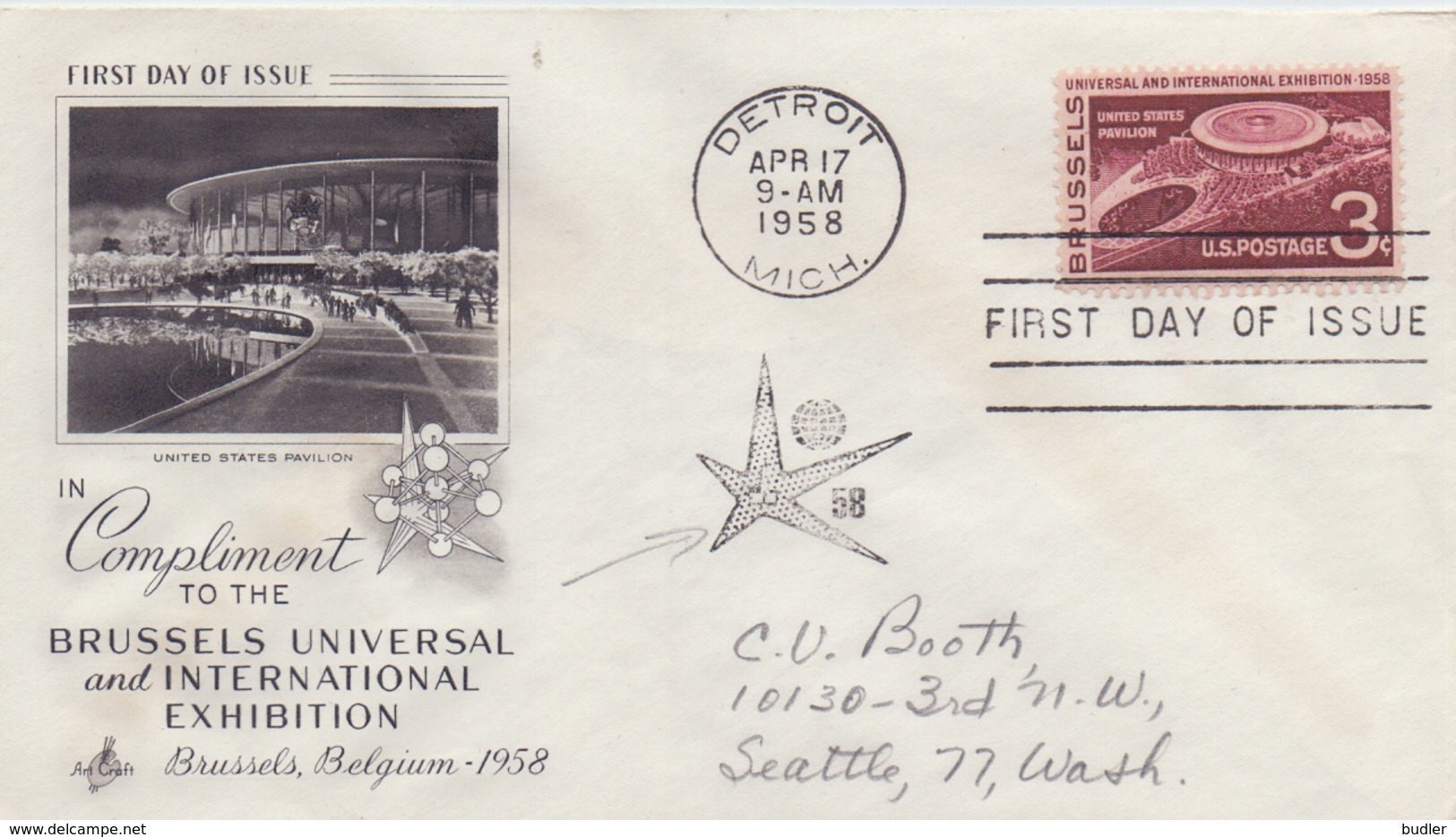 U.S.A. :1958: Y.638 On Travelled FDC With Illustrated Cancellation : EXPO '58,UNITED STATES PAVILLON, - 1958 – Bruxelles (Belgique)