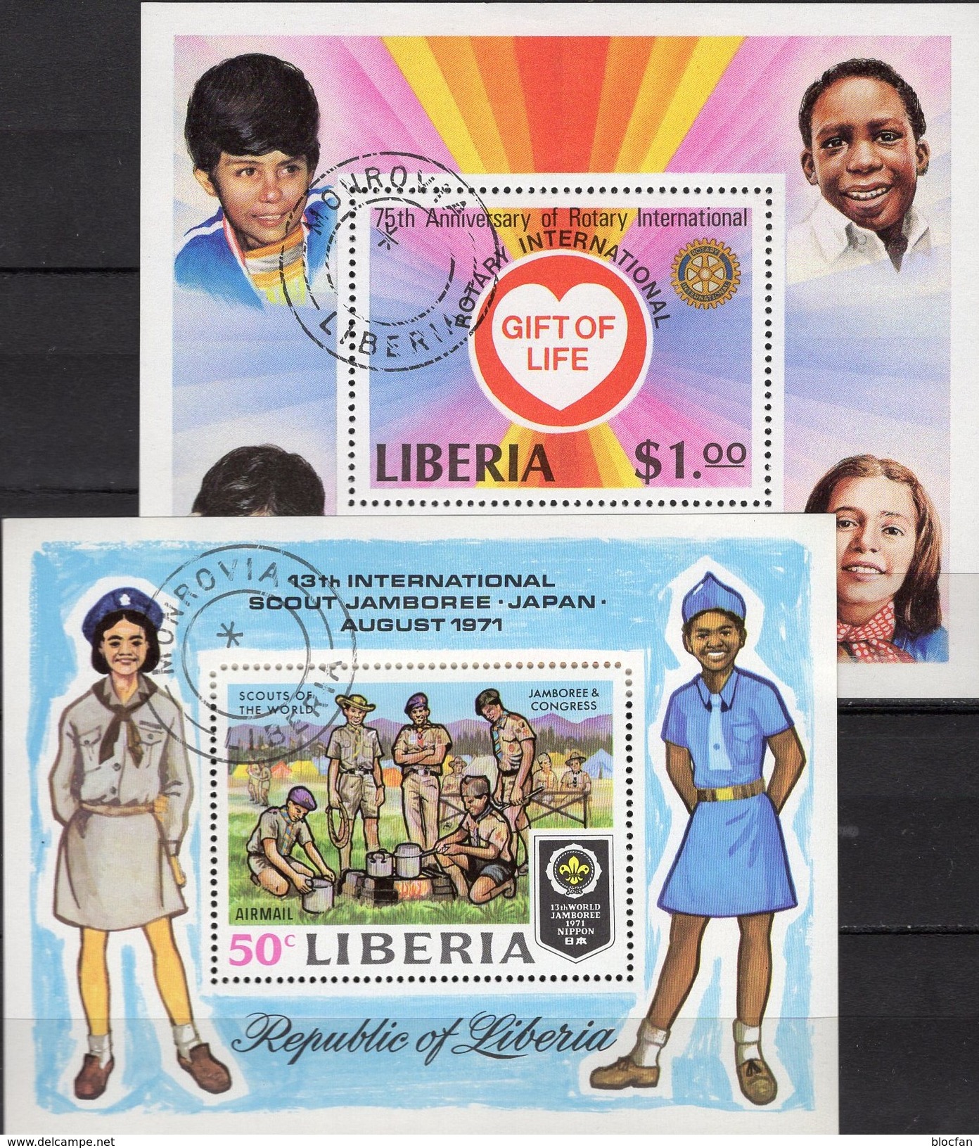 Pfadfinder Japan 1971 Liberia Block 56+94 O 5&euro; Herz Für Kinder History Rotary Club S/s Blocs Scout Sheets Bf Africa - Oblitérés