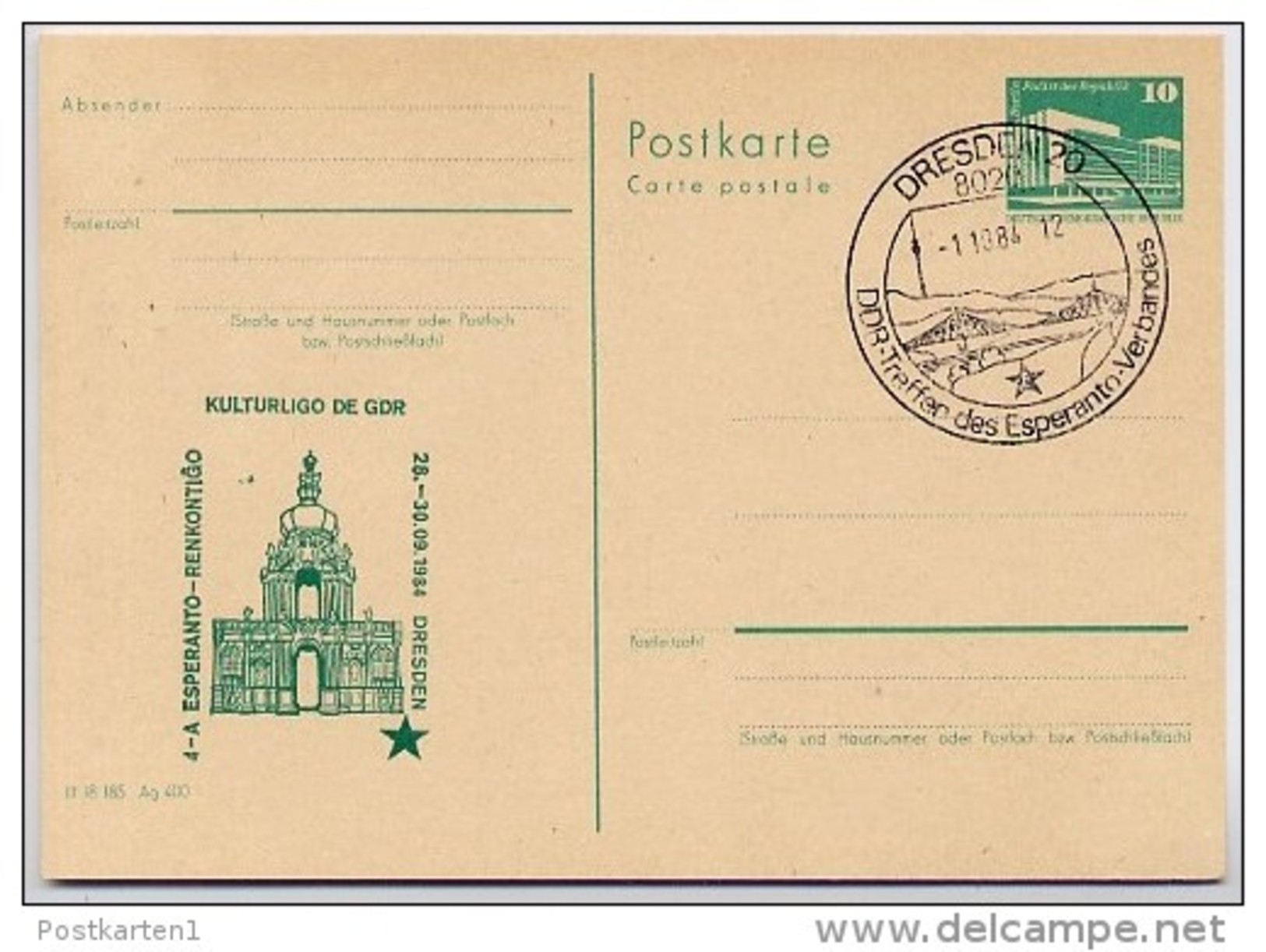 ESPERANTO-TREFFEN DRESDEN DDR P84-48-84 C95 Postkarte Zudruck Sost. 1984 - Esperanto