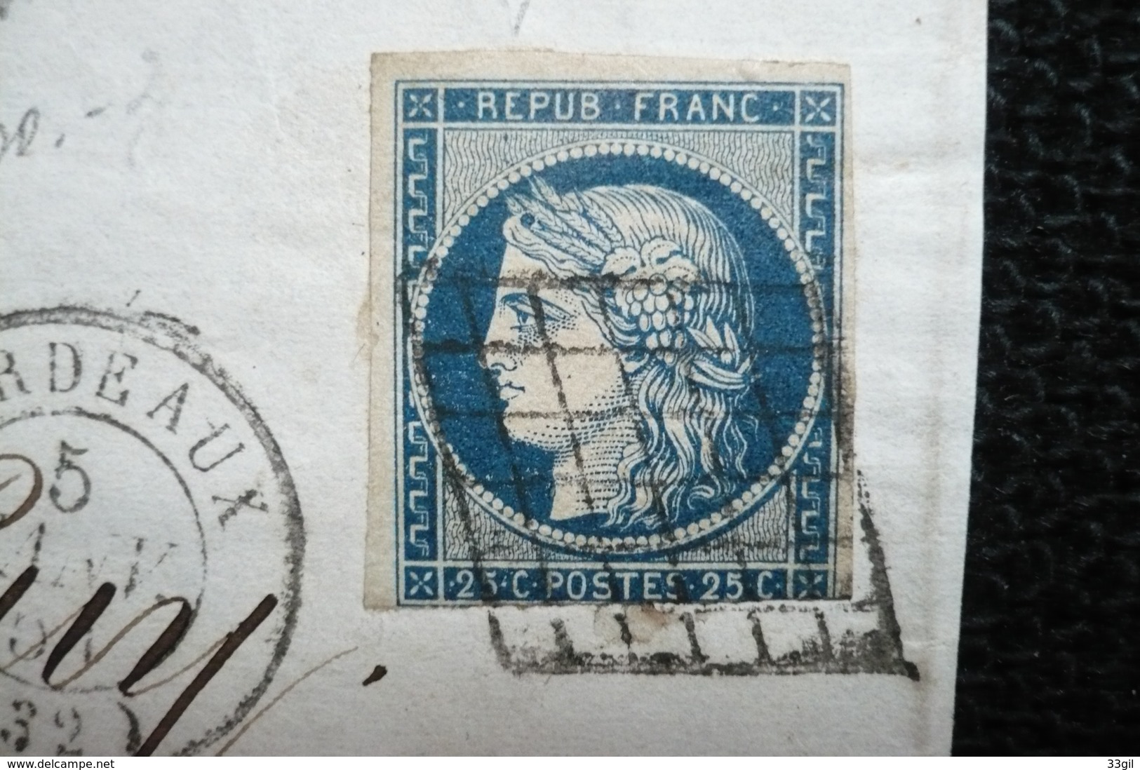 France Ceres 25c  N°56 Varieté Point Bleu Dans Tresse Sur Front  Sur Petit Fragment Bordeaux 5/01/1851 - 1871-1875 Ceres