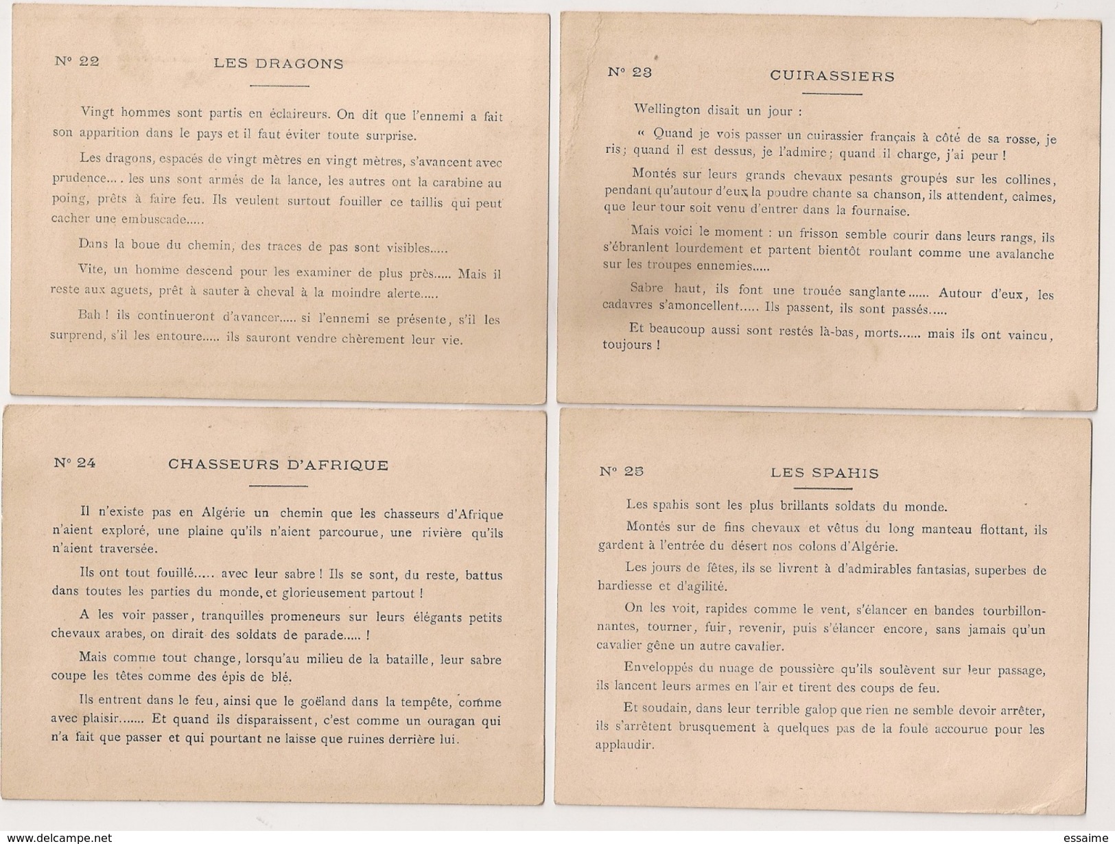 4 Chromos "Armée Française" N° 22,23,24,25. Militaria  Vers 1890. Texte Au Verso. Sans Pub. Bon Point - Sonstige & Ohne Zuordnung