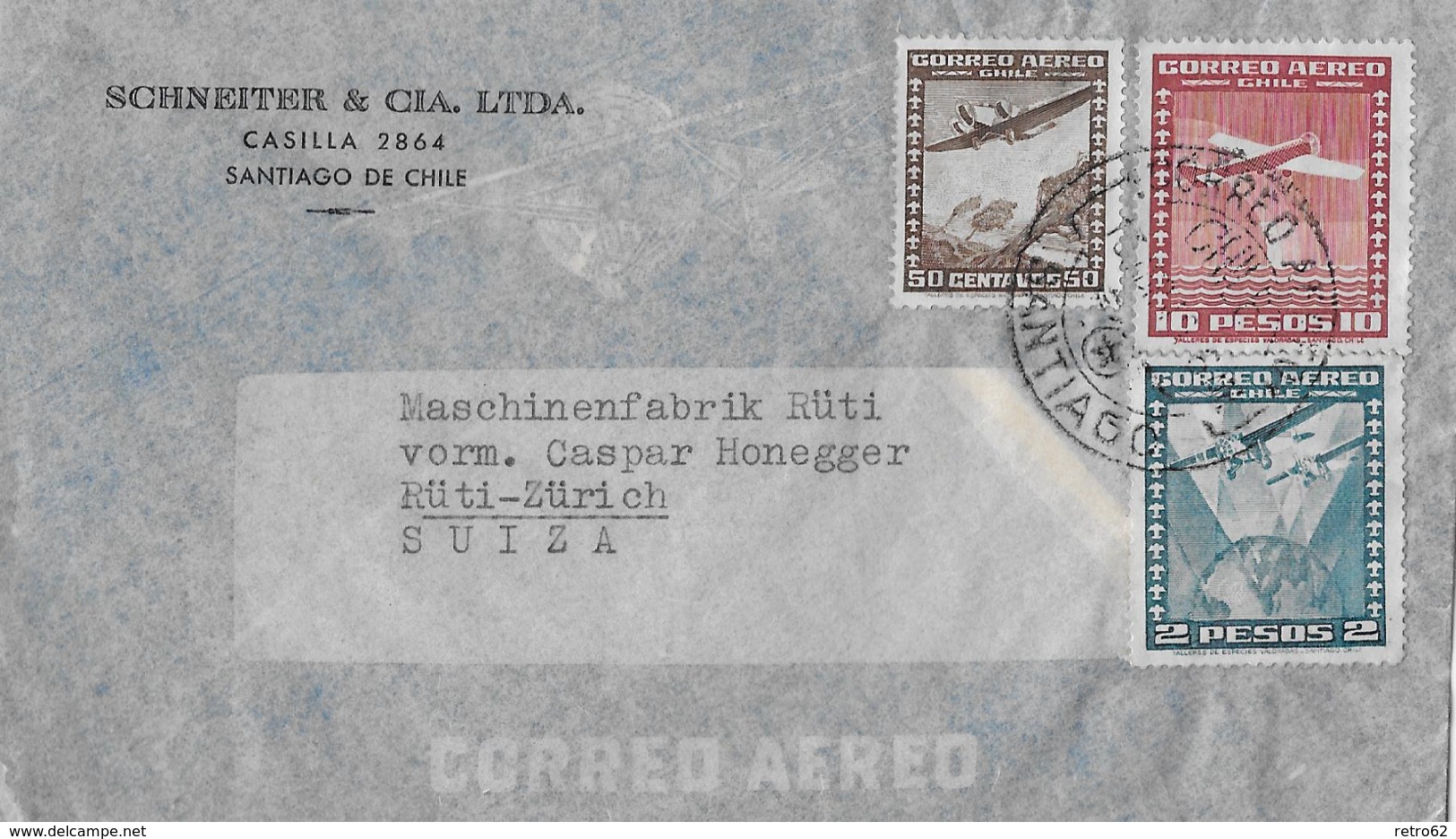 CHILE &rarr; Business Letter Frederico Schneiter Santiago De Chile To Switzerland   &#x25BA;Airmail Stamps 1940&#x25C4; - Chili