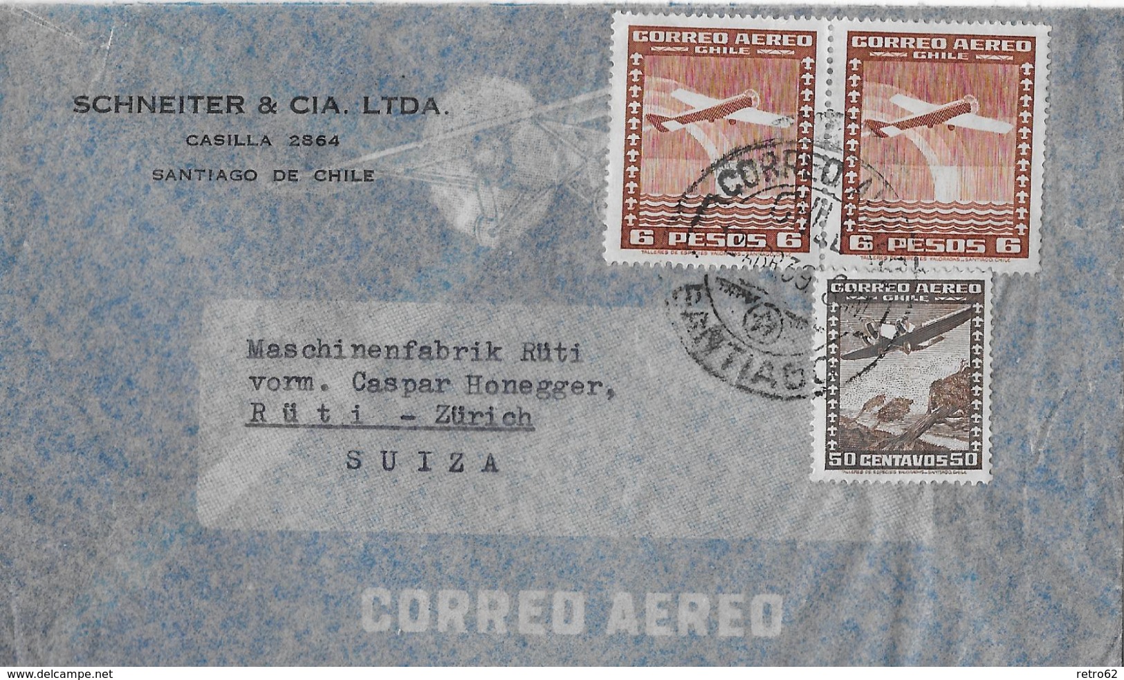 CHILE &rarr; Business Letter Frederico Schneiter Santiago De Chile To Switzerland   &#x25BA;Airmail Stamps 1939&#x25C4; - Chili