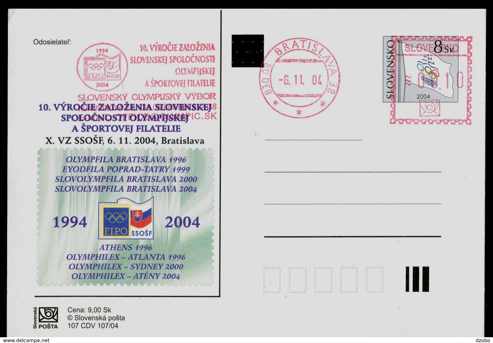 588-SLOVAKIA Prepaid Postal Card 10. Jahrestag-10th Anniversary SSOSP=(FIPO Member) Slovak Olympic Committee 1994-2004 - Sonstige & Ohne Zuordnung