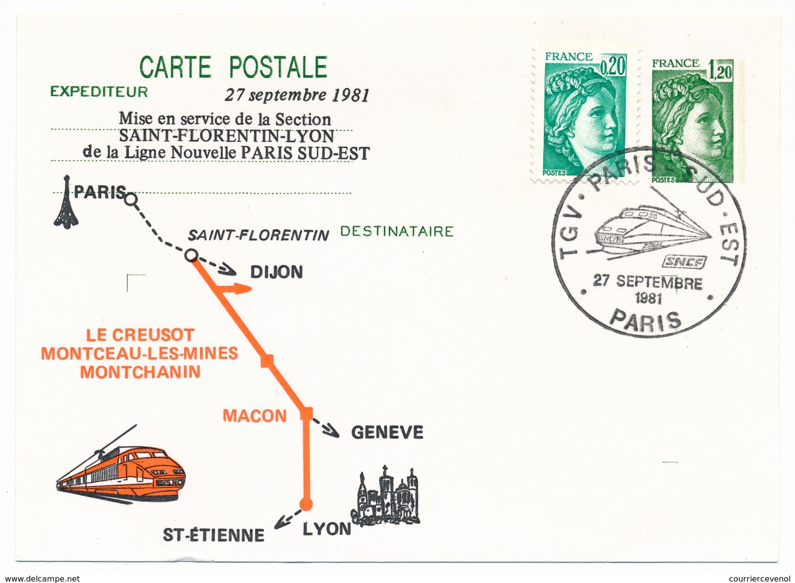 FRANCE - Entier Repiqué "TGV Paris Sud Est" Section St Florentin Lyon - Septembre 1981 PARIS - Trenes