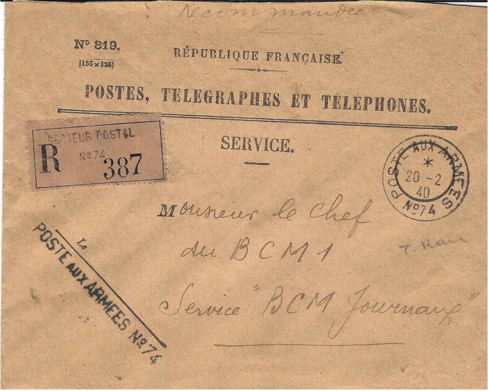 WWII- 1940- Enveloppe RECC   Des P.T.T.  Secteur Postal * 74 *   82è Division D'Afrique - Guerra Del 1939-45