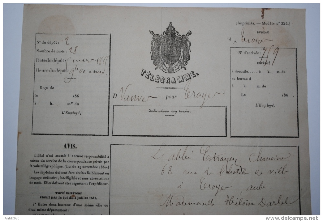 Ancien Télégramme 1865 De Vanves à Troyes Avis De Décès - Todesanzeige