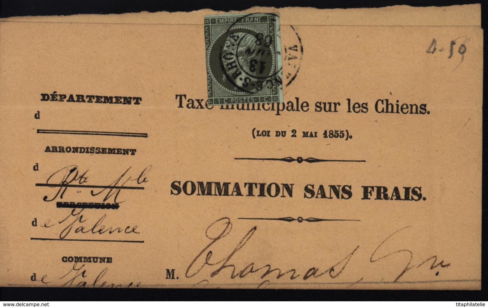 YT 11 Empire Non Dentelé Seul Sur Document Taxe Municipale Sur Les Chiens Sommation Sans Frais Cote 500 Euros - 1862 Napoleon III