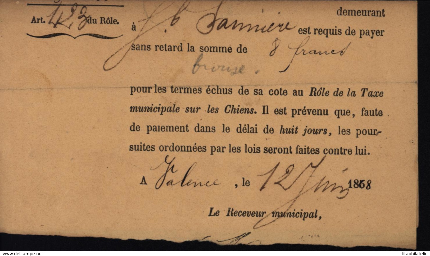 YT 11 Empire Non Dentelé Seul Sur Document Taxe Municipale Sur Les Chiens Sommation Sans Frais Cote 500 Euros - 1862 Napoleone III