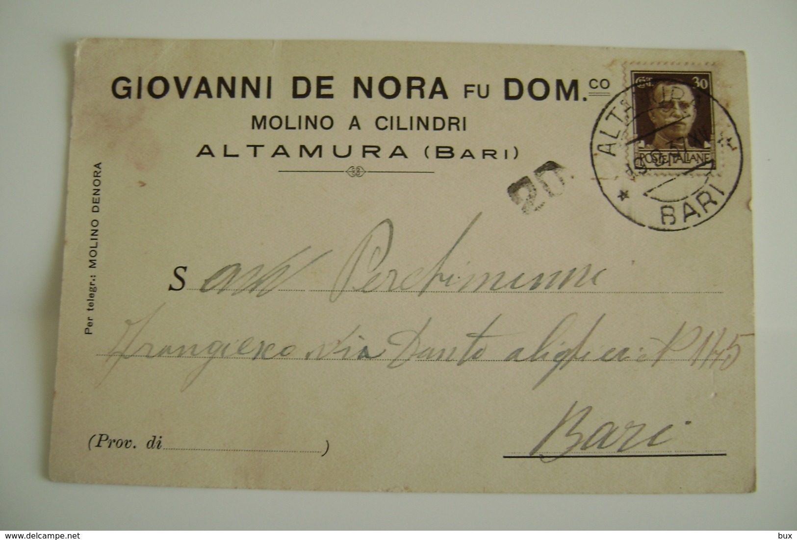 1937  ALTAMURA    TESTATINA  MOLINO A CILINDRI   DE NORA        BARI PUGLIA   VIAGGIATA  COME DA FOTO  FORMATO PICCOLO - Altamura