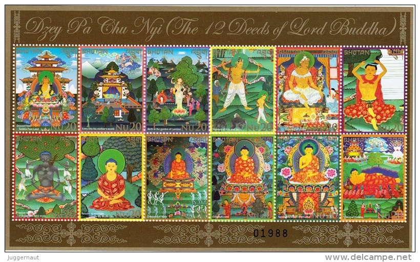 12 DEEDS OF LORD BUDDHA 12 STAMP MINIATURE SHEET BHUTAN 2014 MINT - Buddismo