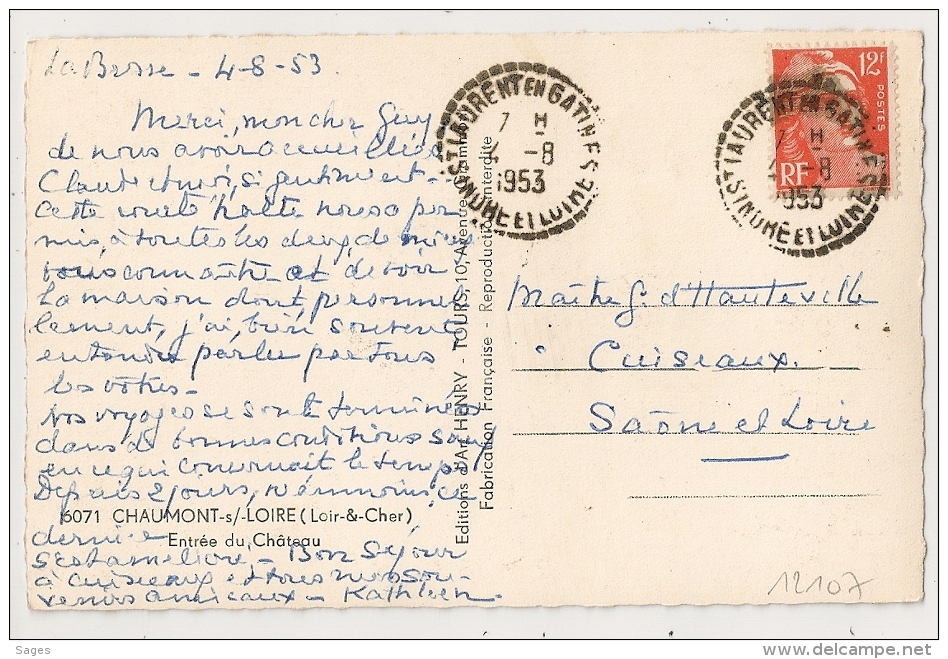 ST LAURENT EN GATINES Indre Et Loire Sur 12f GANDON. - Manual Postmarks