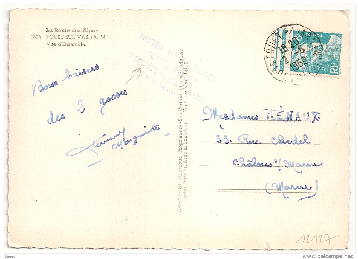 TOUET S VAR Alpes Maritimes Sur 8f Gandon . 1950. - Manual Postmarks