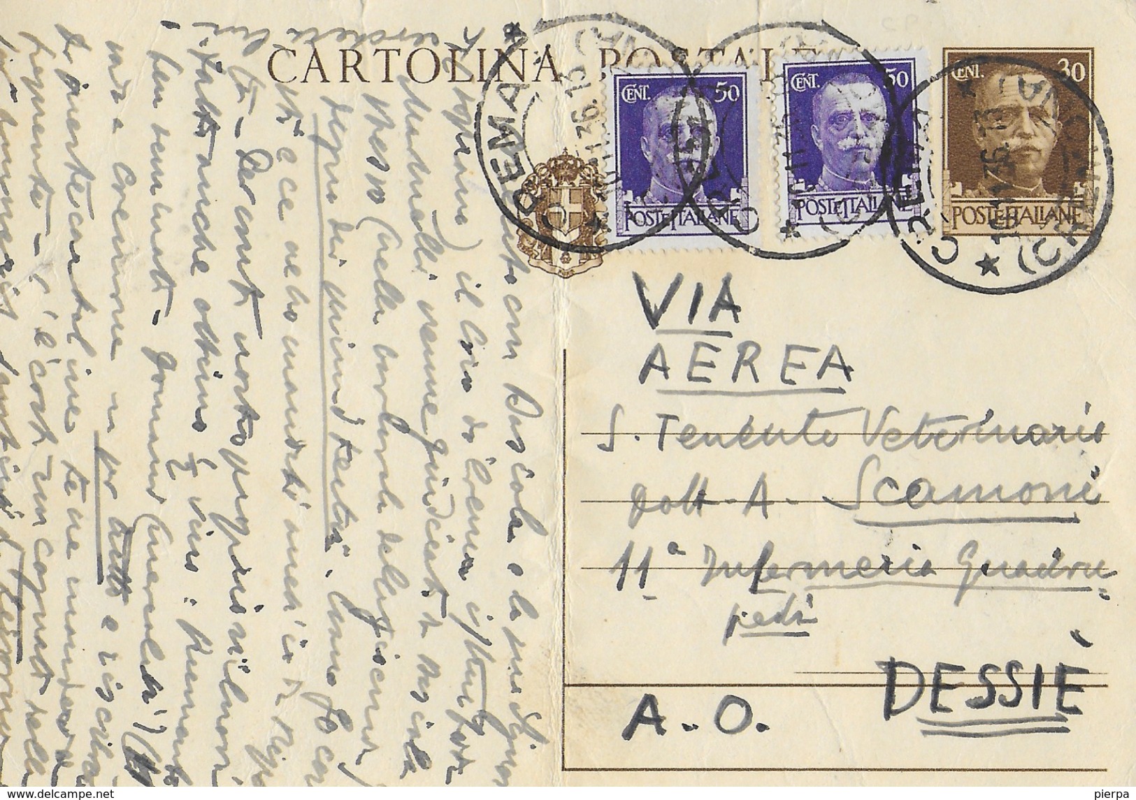 STORIA POSTALE REGNO - INTERO VIA AEREA 10.11.1936 A MILITARE DESSIE' ETIOPIA - Marcophilie (Avions)