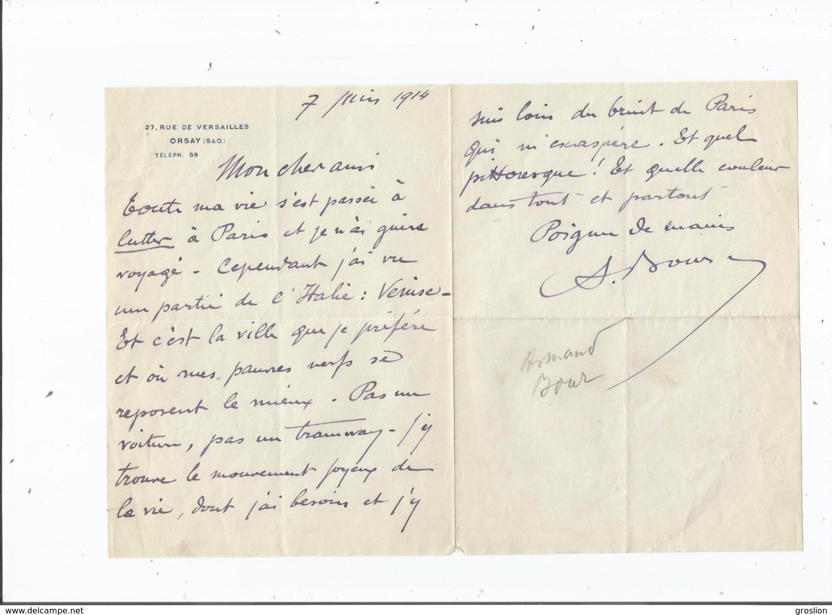 ARMAND BOUR (LILLE 1868 PARIS 1945) COMEDIEN FRANCAIS FORME AU THEATRE LIBRE D'ANDRE ANTOINE LETTRE A SIGNATURE 1914 - Autres & Non Classés