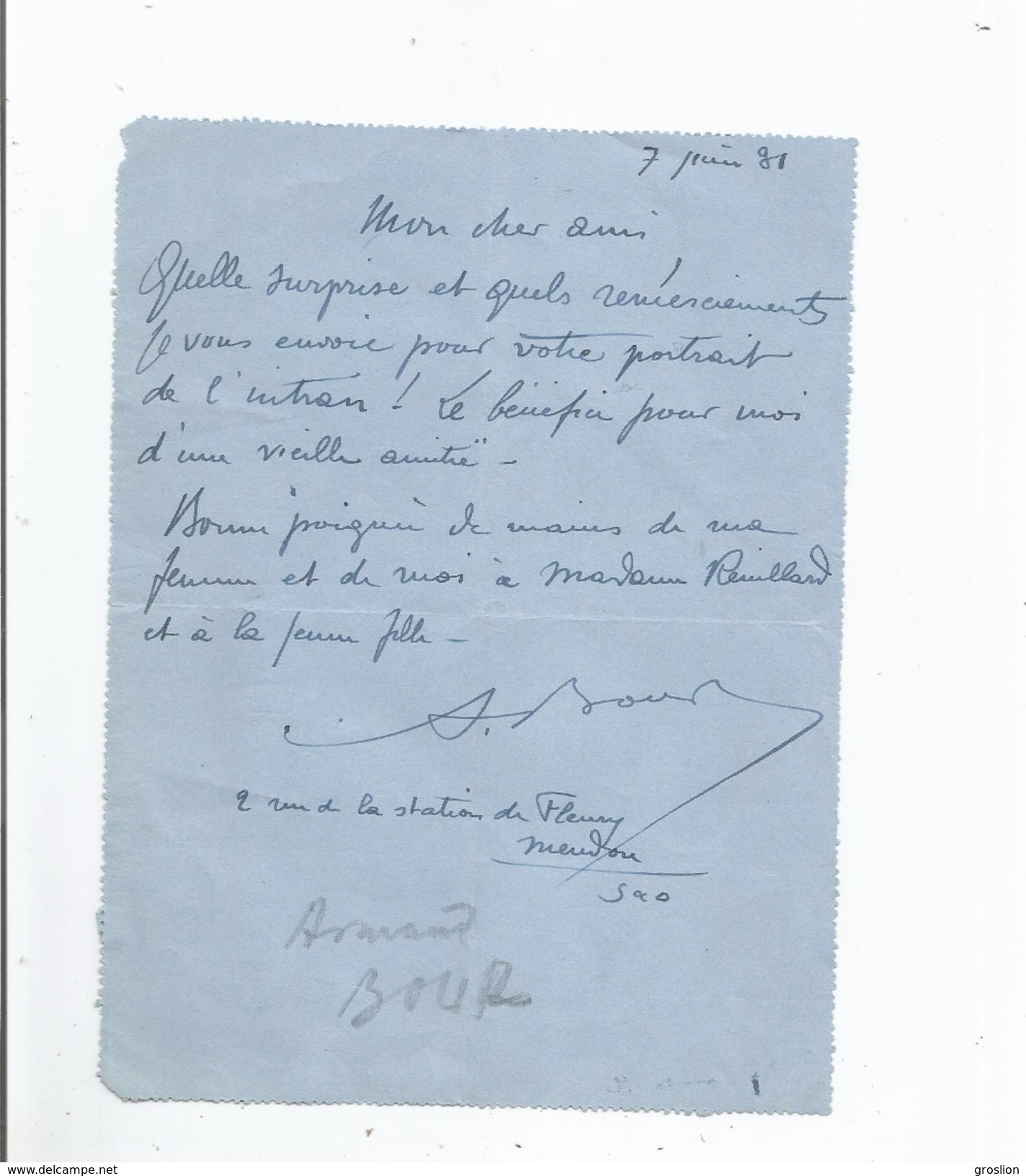 ARMAND BOUR (LILLE 1868 PARIS 1945) COMEDIEN FRANCAIS FORME AU THEATRE LIBRE D'ANDRE ANTOINE LETTRE A SIGNATURE 1931 - Autres & Non Classés