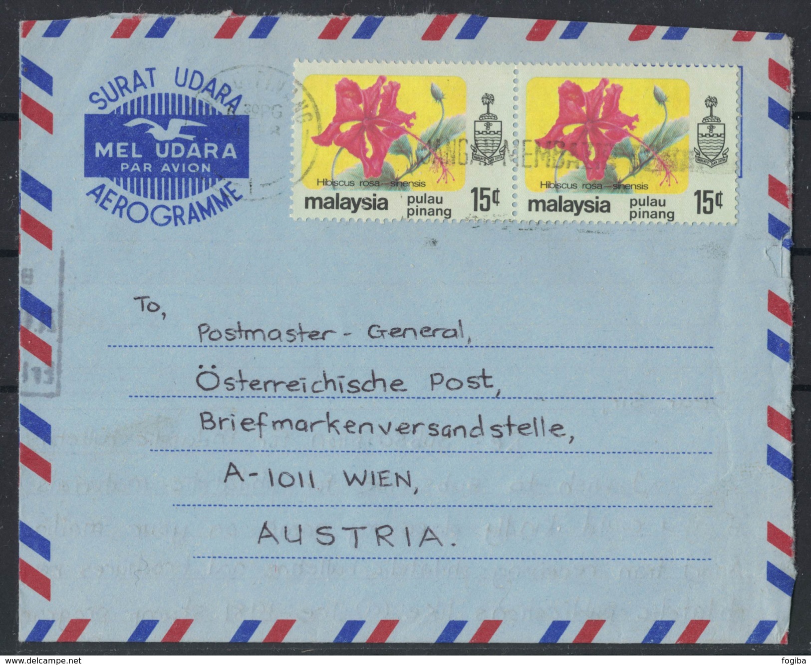 AZ215      MALAYSIA Aerogramme SURAT UDARA  Penang To Wien 2x15c Hibiscus - Malesia (1964-...)