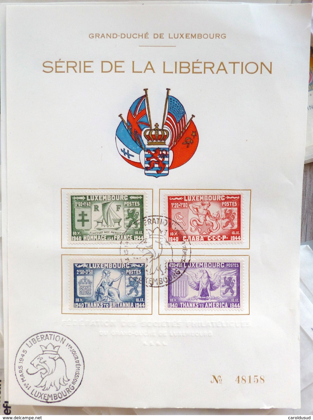 Timbre Timbres FDC N° 48158  LUXEMBOURG 1945 Série YT N° 356 A 359 Libération Du Territoire  Hommage Aux Nations - Full Sheets