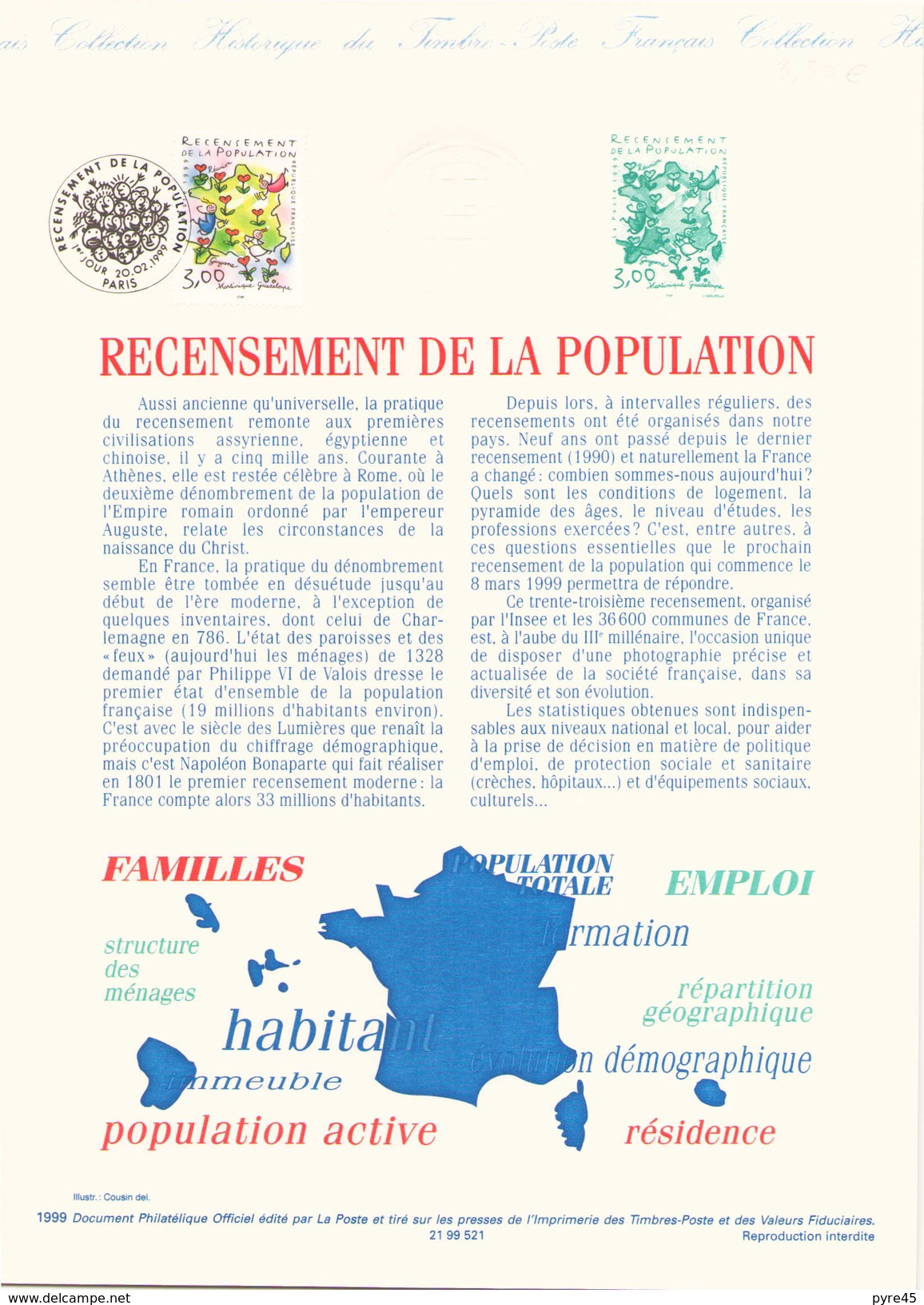 France Document Officiel Du 20 Fevrier 1999 Paris Recensement De La Population - Documents Of Postal Services