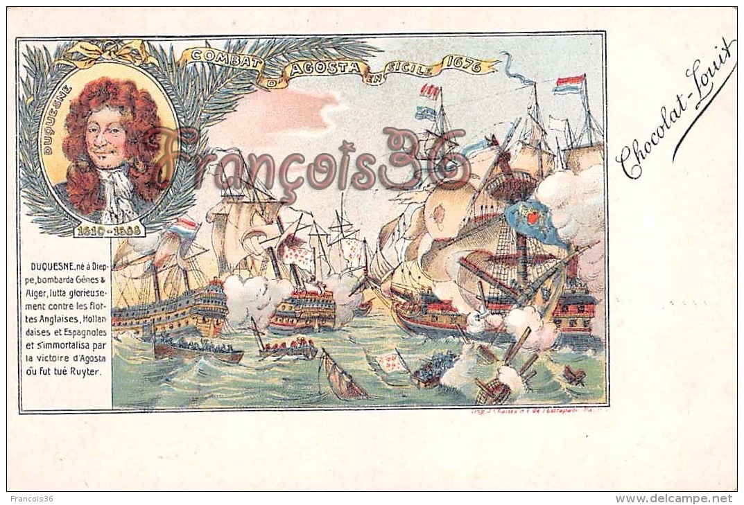 Duquesne Combat D'Agosta En Sicile 1676 Illustration Chocolat Louit Marine Voilier Capitaine Flotte - Hommes Politiques & Militaires