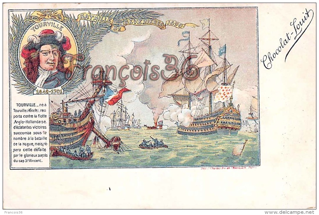 Tourville Bataille De Bevezieres 1690 Illustration Chocolat Louit Marine Flotte  - 2 SCANS - Hommes Politiques & Militaires