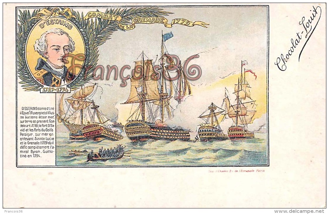 D'Estaing Combat De La Grenade 1779 Illustration Chocolat Louit Marine Flotte Mer Capitaine  - 2 SCANS - Hommes Politiques & Militaires