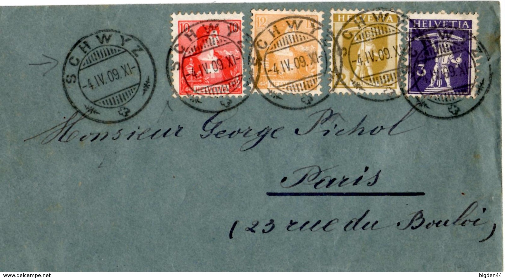 Lettre De Schwyz (04.05.1909) Pour Paris_Tell_Helvetia - Briefe U. Dokumente