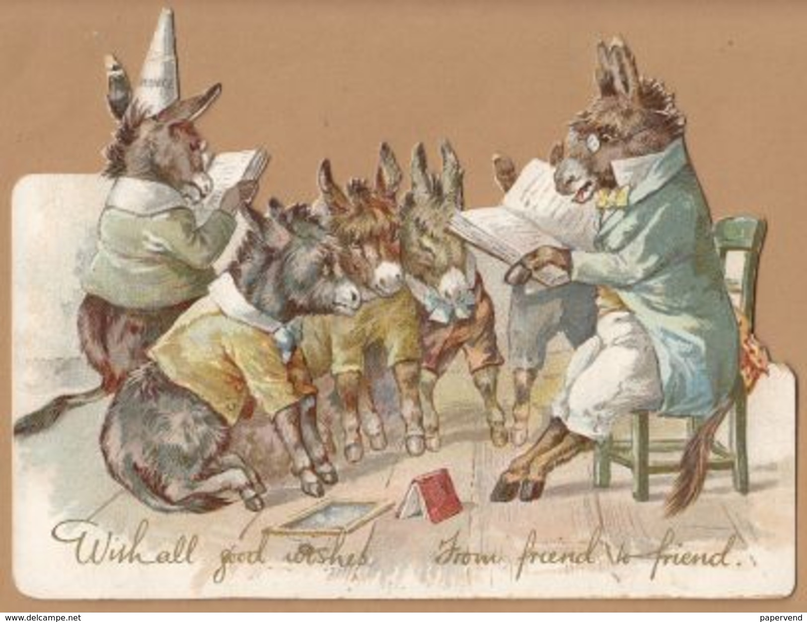 Victorian Greeting Card Diecut  Donkeys Having A Story Read Egc64 - Sin Clasificación