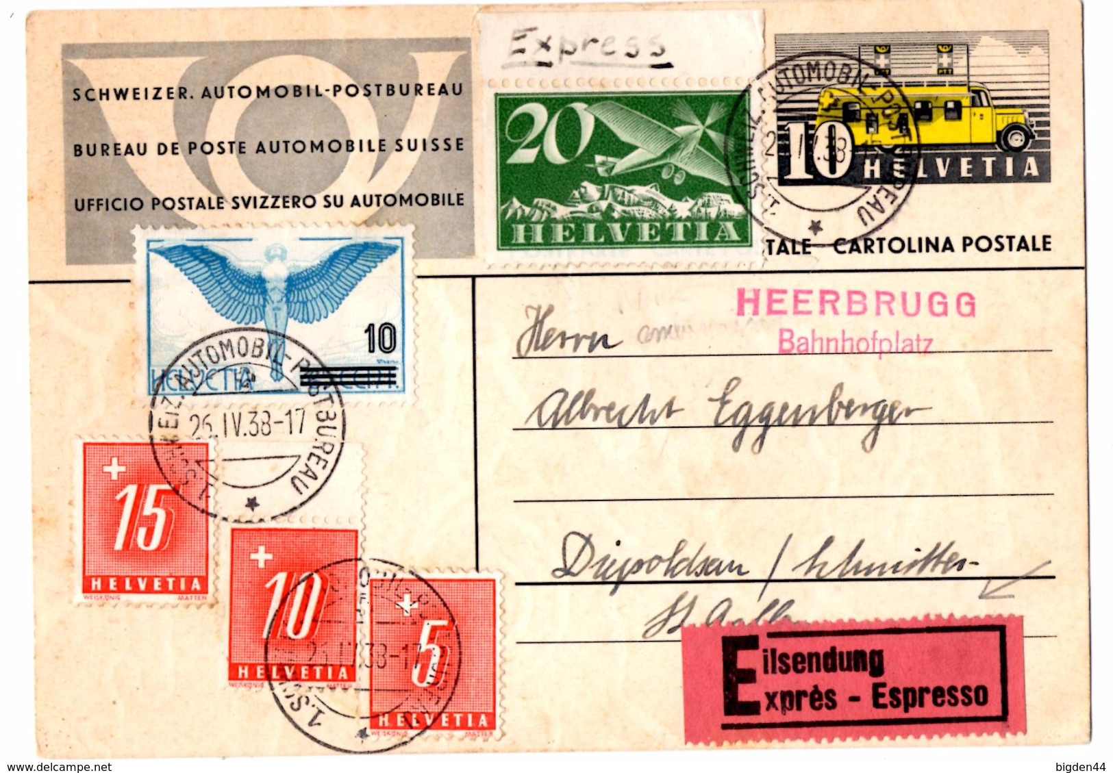 Lettre Expres_Eilsendung De Schweiz Automobil_Post Bureau (26.04.1938) Pour Saint Gallen Via Heerbrugg - Briefe U. Dokumente