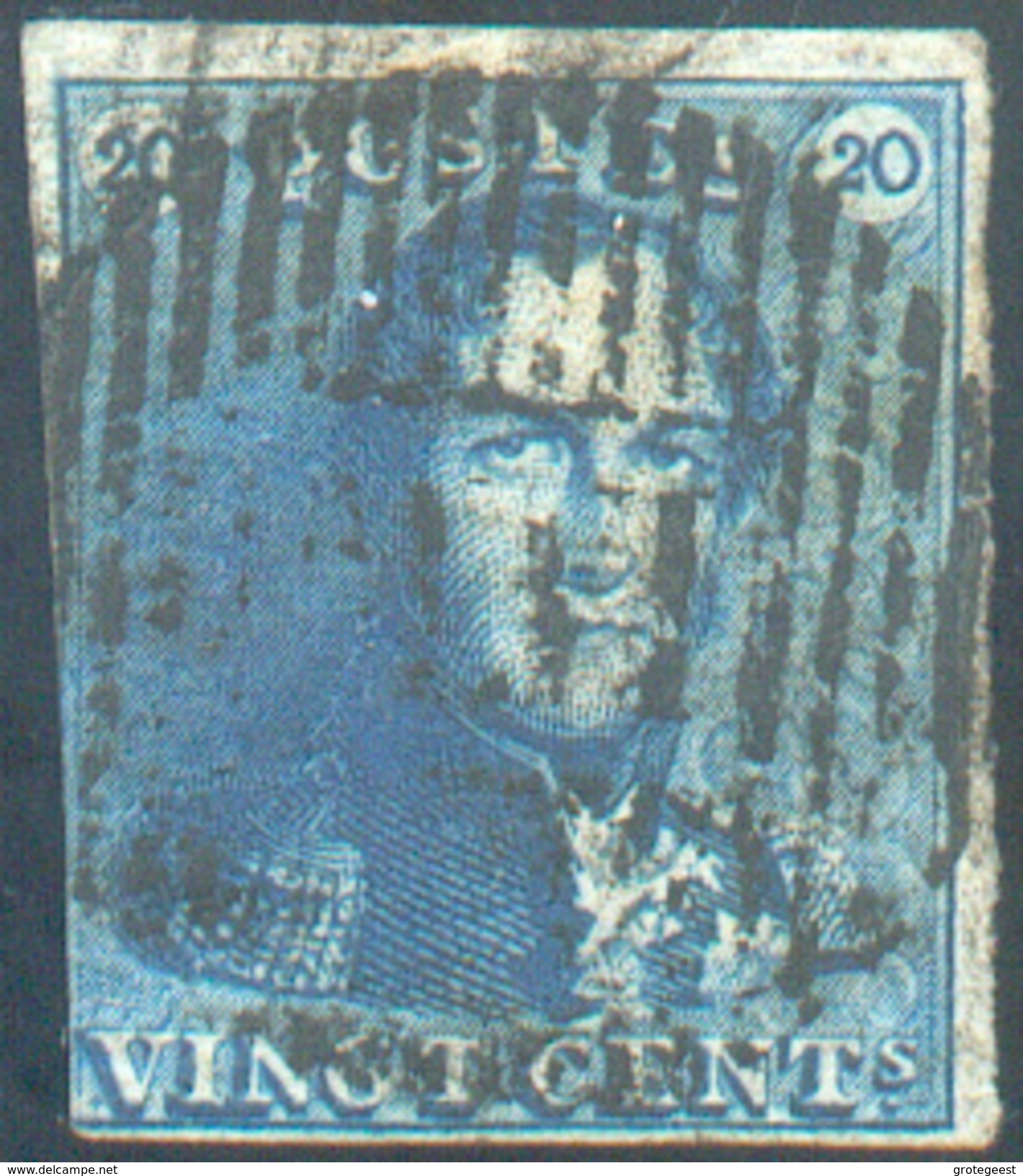 N°2 - Epaulette 20 Centimes Bleue, Un Peu Court à Gauche Sinon Margée, Obl. Ambulant (spoorwegstempel) M.VI    - 11663 - 1849 Epaulettes