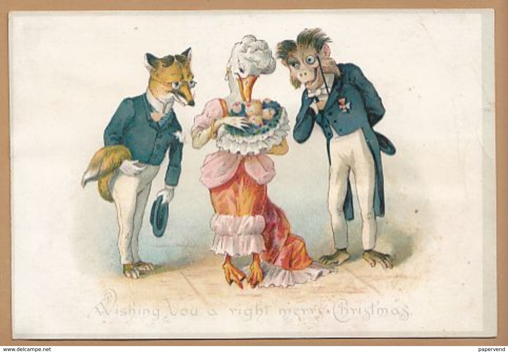 Victorian Christmas  Greeting Card  Goose Flanked By Fox & Monkey With Admiring Eyes Egc68 - Sin Clasificación