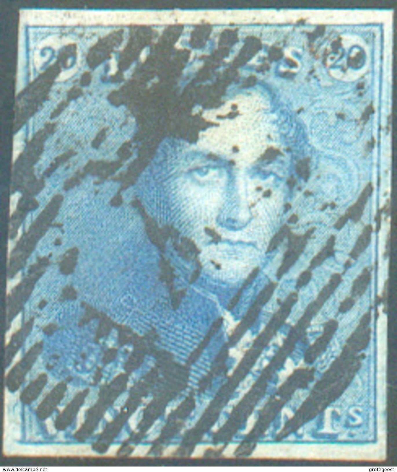 N°2 - Epaulette 20 Centimes Bleue, Très Bien Margée, Obl. P.4 ANVERS Centrale - 11675 - 1849 Hombreras