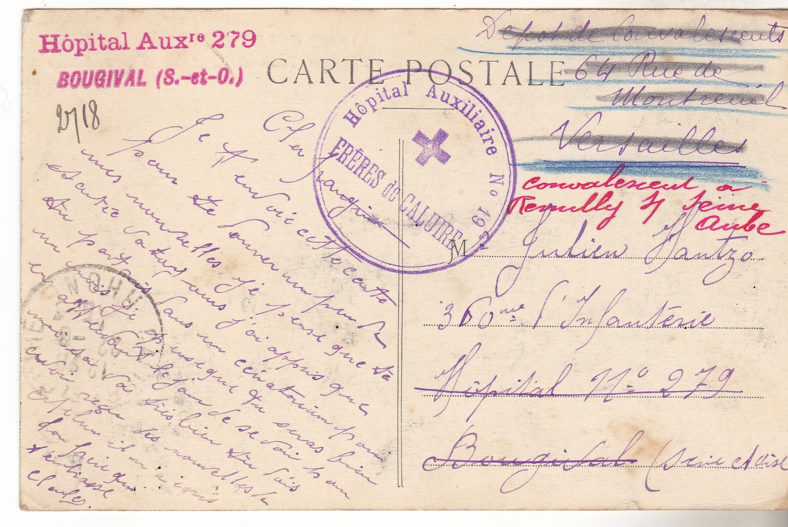 69 Carte De Caluire,cachet Hal Aux N°19 Pour Hal 279 Reexpedié Cachet  Hopital 279. Bel Ensemble. - Guerre De 1914-18