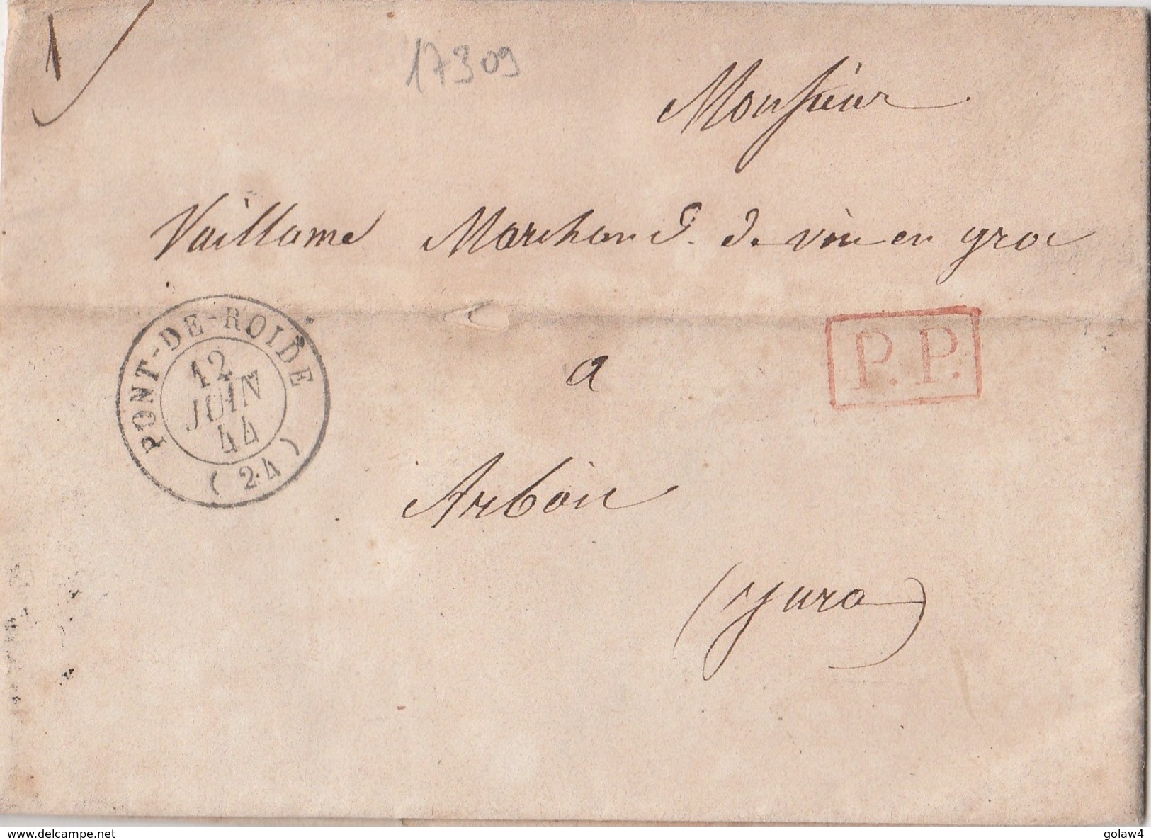 17309# LETTRE Datée De AUTECHAUX Obl PONT DE ROIDE 1844 T15 P.P. PORT PAYE DOUBS Pour ARBOIS JURA - 1801-1848: Précurseurs XIX