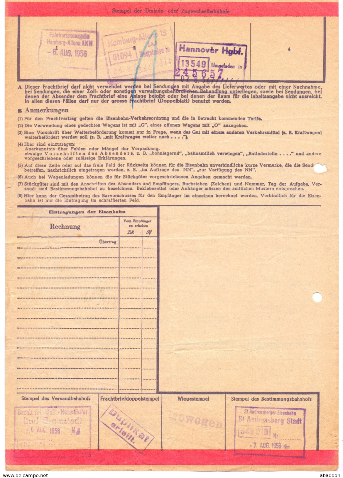 Eilfrachtbrief DB 1955 Gustav Stich & Co. Fleischwarenfabrik BAD BRAMSTEDT > ST. ANDREASBERG Frachtbrief (183-3) - Eisenbahnverkehr